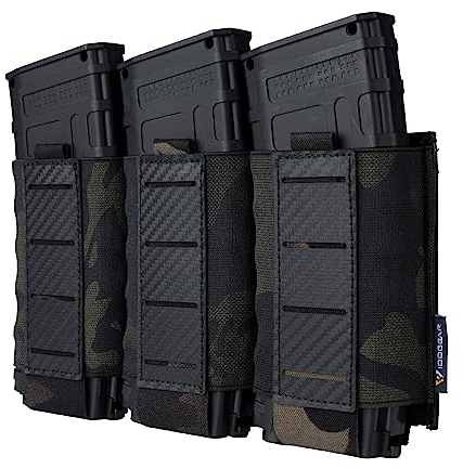 IDOGEAR Tactical 5.56 Triple Mag Pouch MOLLE Magazine Pouch Rifle Magazine Carrier with Carbon Fiber Patterned PP Plate Fit for M4 M14 M16 AR15 (Multi-camo Black)