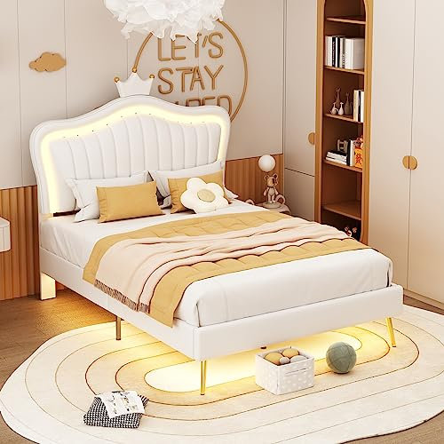 Dolamaní Polsterbett Kinderbett 90 x 200 cm, Kleinkind Jugendbett, Mitwachsendes mit Kronen Einzelbett, Jugendzimmer Bettgestell für Lattenrost und Rückenlehne, PU-Leder(Einzel, White)