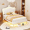 Dolamaní Polsterbett Kinderbett 90 x 200 cm, Kleinkind Jugendbett, Mitwachsendes mit Kronen Einzelbett, Jugendzimmer Bettgestell für Lattenrost und Rückenlehne, PU-Leder(Einzel, White)