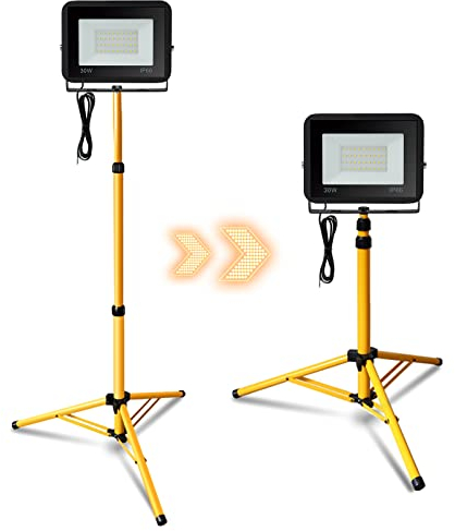 Gimisgu 30W LED Baustrahler mit Stativ, Baustellenlampe LED Scheinwerfer 3000K Warmweiß 2550LM, Arbeitsleuchte Wasserdicht IP66 für Innen-und Außenbereich (1m Kabel, kein Stecker)