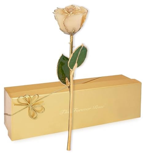 Forever Rose Echte weiße Rose getaucht in 24 Karat Gold mit goldfarbenen Blütenblättern und Stiel, handgefertigte konservierte Rose in luxuriöser Geschenkbox, romantisches Geschenk für sie