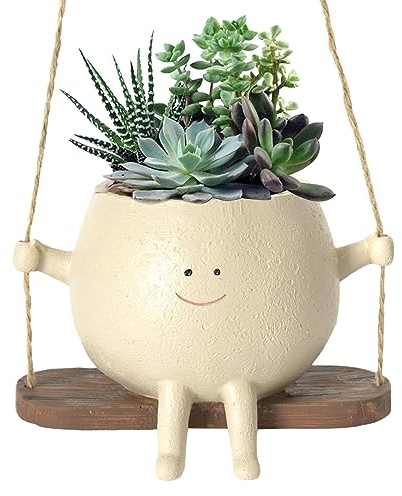 Jardinière à Suspendre Intérieur Extérieur, Mignon Pot de Fleurs en Résine avec Visage Sourire et Balançoire, Pot de Fleur pour Cactus Succulentes, Décoration Murale pour Maison Bureau Balcon Jardin