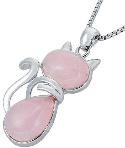 mookaitedecor Pink Rose Quartz Crystal Cat Pendant Necklace Women Men, Semi Precious Stone Healing Crystal Necklace Animal Kitty Kitten Jewellery Gift for Cat Lovers Mum Daughter Girl Chakra Amulet