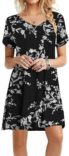 Actcat Sommerkleid Damen Kurzarm Loose Swing-Kleid mit Taschen A-LinieCasual Sommer T Shirt Kleid Kurzarm Swing Kleider,White Black,L