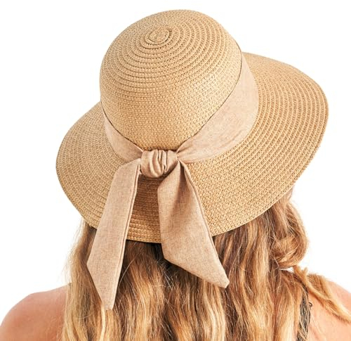 Gajaous Strand Sonnenhüte für Frauen mit UPF 50+, breiter Strohhut für Frauen mit Schleifendekoration, Leichter Faltbarer Sommerreise Strohhut