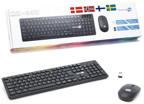 Simpletek - Kit Maus & Tastatur Schwarz Wireless 2.4G Layout SWE, NO, DK, FI | Nordic Keyboard QWERTY | Numerische Tastatur Maus Ergonomisch 3 Tasten