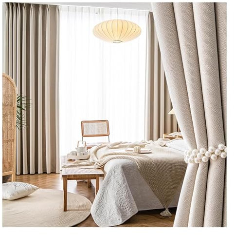 PSKJHN Couleurs Unies Rideau Occultant Style Japonais Chambre À Coucher Rideaux Opaques 2 Panneaux pour Intérieur Salon, W170xL140cm,Beige