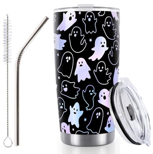 Whaline Halloween Ghost Tumbler Stainless Steel Travel Tumbler with Lid Straw and Brush Spooky Coffee Mug Cup for Women Travel Birthday Horror Gift