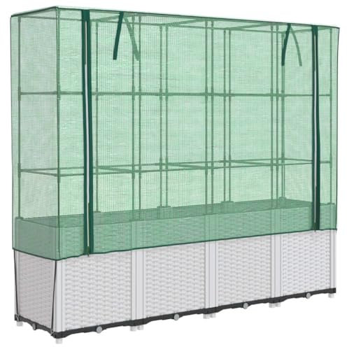 vidaXL Hochbeet mit Gewächshaus-Aufsatz, Pflanzbeet mit Eisenrohr-Rahmen, Gemüsebeet für Garten Terrasse Balkon, Pflanzkasten Frühbeet, Rattan-Optik