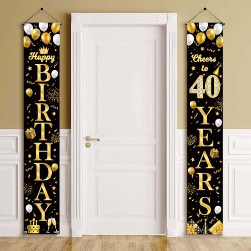 40th Birthday Banner Decoration men - Black Gold Door Porch Sign Decor for Women, Happy Birthday Banners for Indoor Outdoor 40 Years Old Party Decorations Supplies