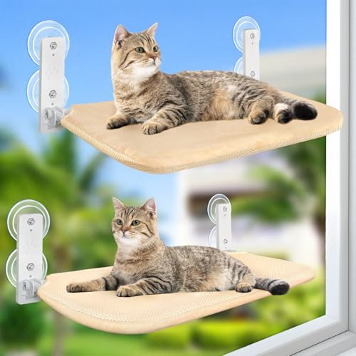 GUUSII HOME 2PCS Hamaca Cama Gato Ventana Percha con Ventosa Fuerte para Gatos Plegable Hamacas Colgante Grande de Interior Alfombra Reversible 52 * 30cm hasta 25kg Fácil de Instalar(Beige, M)