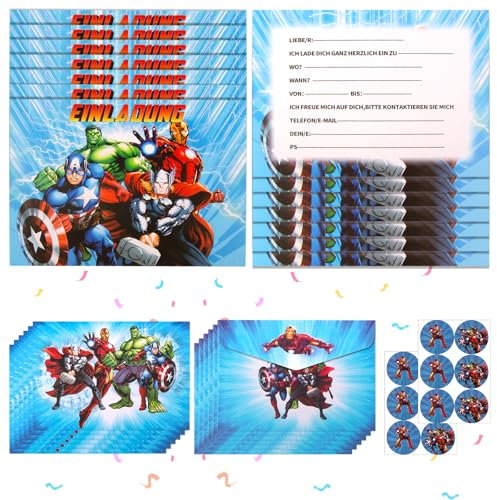 yumcute 12x Einladungskarten Superhelden Kindergeburtstag mit Umschlag,Aufklebern Geburtstagsparty Einladungen, Spider Einladungen kindergeburtstag Jungs Mädchen
