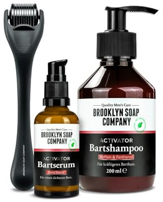 Brooklyn Soap Company Activator Beard Bundle - 3-teiliges Set mit Bartroller, Bartshampoo & Bartserum - Bartwuchs & Bartwachstum fördern - Beard Growth Set für Männer
