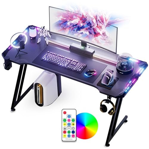 FIVMEN LED Gaming Schreibtisch 120x60 cm Gaming Tisch Computertisch mit Getränkehalter und Kopfhörerhaken PC Tisch Gamer Tisch Gamingtisch mit Kohlefaserbeschichtung, Z-Frame