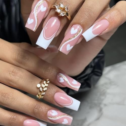 French False Nails - Irregular Lines with Flashing Love Design Fake Nails - Long Coffin Shaped Press on Nails - Ballerina Acrylic Stick on Nail 24pcs for Women and Girls