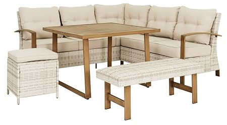 Tarrington House Essgruppe 5-TLG. Koroba, PE-Rattan/Stahl, 2 Sitzsofas, 1 Sitzbank, 1 Polsterhocker, 1 Tisch, Natur