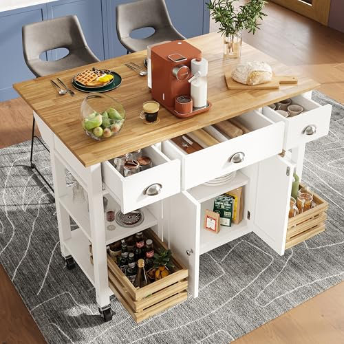 Huayz Isla de cocina, comedor, carrito de madera, mueble de comedor, multifunción, con cesta de pino, cesta de almacenamiento, 120 × 45 × 90 cm