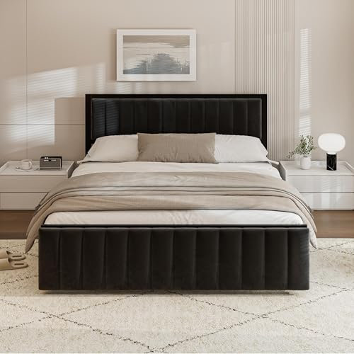 LIFEISLE Bett 160x200cm, Eisen Bettrahmen mit klappbarer Endbank, Polsterbett mit Kopfteil und Lattenrost Ohne Matratze, Großer Stauraum unter dem Bett Schwarz