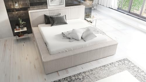 A&J MöbelLand Polsterbett Rio 140x200 mit Matratze, Bettkasten und Lattenrost. Farbe: Beige