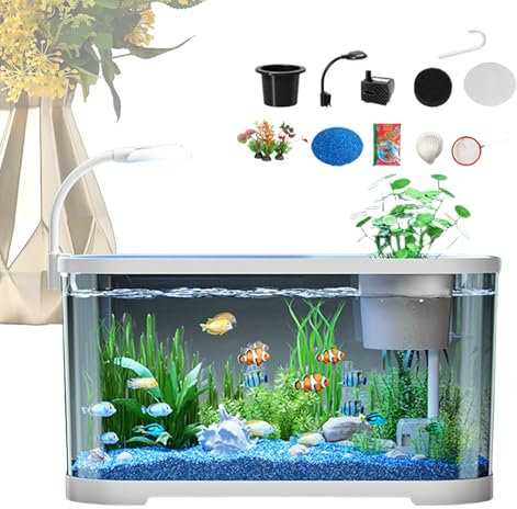 Aquarium Intelligent avec Filtre et LED, Kit Débutant pour Poissons Rouges, 20L Transparent, pour Bureau, Salon et Décoration