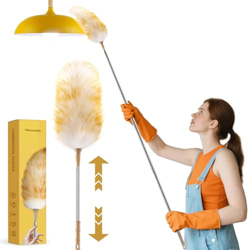 Extendable Lambswool Duster 30-100 Inch, Stainless Steel Long Handle Duster, Natural Feather Duster for Cleaning High Ceilings, Fans, Bookshelves, Interior, Cars, Brown
