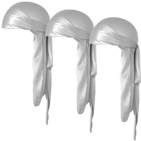 COYUN 3 pcs Seiden-Wellenhut, Seidige Durag-Turban-Kopfbedeckung mit langem, Seiden-Durag, Satin-Durag-Mütze, Piraten-Bandana, elastischer Seiden-Kopfschmuck, Seiden-Haarschal zum Schlafen, grau