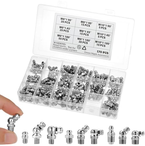 QWORK® 170 Stück Schmiernippel Sortiment Kit, M6/M8/M10 Gerade, 45°& 90° Winkeln, für Automotive, Landwirtschafts