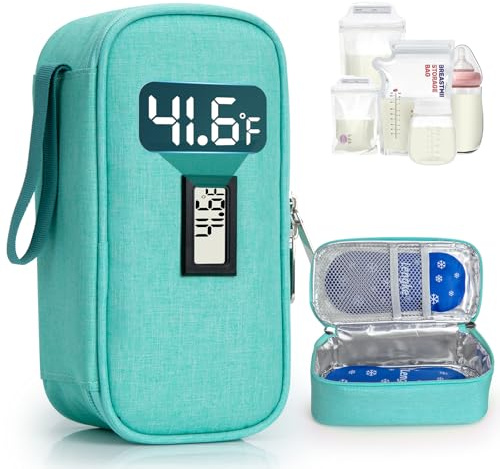 WIBOND Breast Milk Cooler Travel Bag, Real-Time Temperature Display, Holds 4-6 Breastmilk Storage Bag with 2 Breast Milk Ice Pack, Cooling & Waterproof Portable Cooler for Moms on The Go(Light Green)
