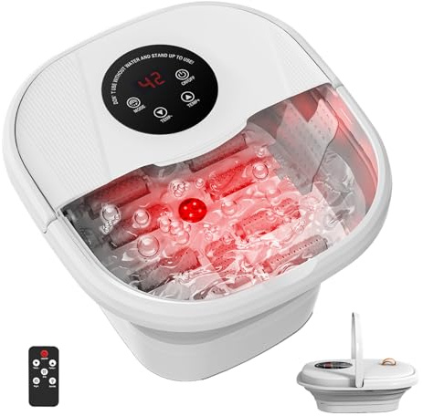 Bain de Pieds Massant Pliable avec Chauffage, Bain de Pieds Bouillonnant Spa avec Bulle, 8 Rouleaux de Massage, Lumière Infrarouge, 35℃-48℃ Cadeau Homme Femme