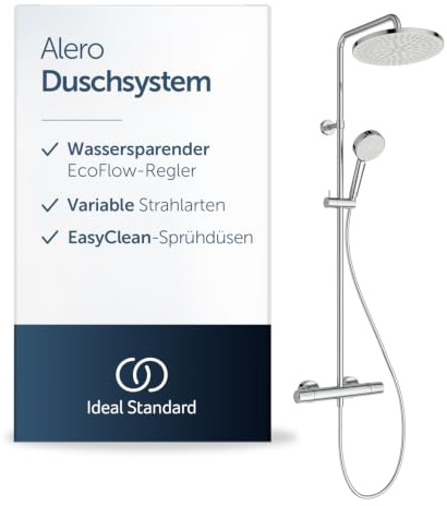 Ideal Standard Alero Duschsystem mit Thermostat – Chrom | Wassersparendes Brause-Set mit Thermostat, Handbrause mit zwei Strahlarten (Massage & Sanfter Regen), A8574AA