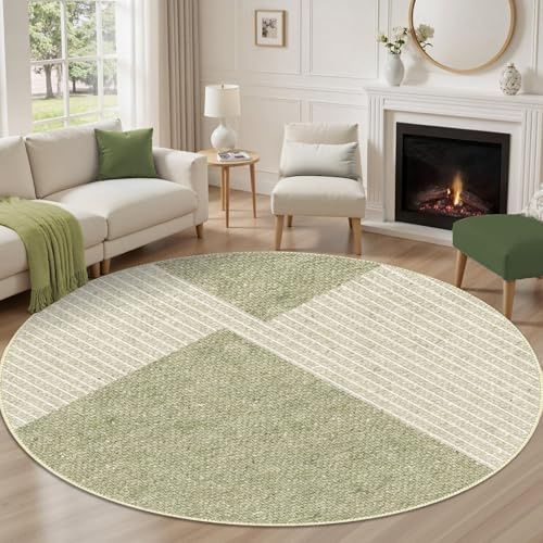 Zhaotingrui Kurzflor Teppich Wohnzimmer 160 cm Rund Grün & Creme, Waschbare Teppiche Modern Geometry Axisymmetric, rutschfeste Unterlage Flauschig und Extra Weich für Esszimmer & Schlafzimmer