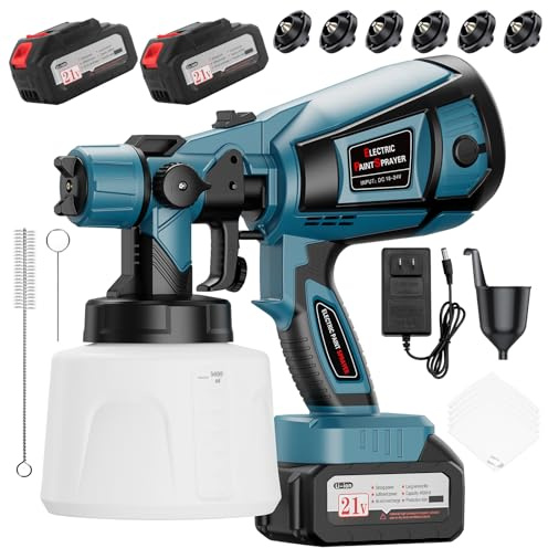 Paint Sprayer, Cordless with 2 X 4.0mAh 21V Battery, All Copper Motor 6 Nozzles & 3 Spray Modes, 1400ml Container, Paint Sprayer Gun for House Painting, Ideal for Fence Cabinets Wall