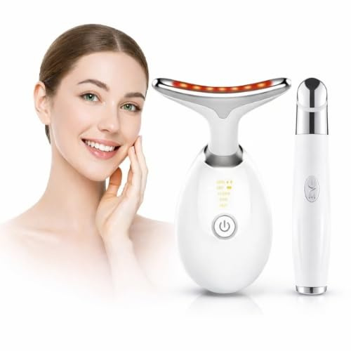 Appareil Visage Anti Rides & Cou 7 LED + Masseur Oculaire Chauffant Anti-cernes - Massage Visage Double Menton - 3 Modes EMS & Chaleur 45°C - Réduit Rides, Poches & Cernes - Appareil Liftant
