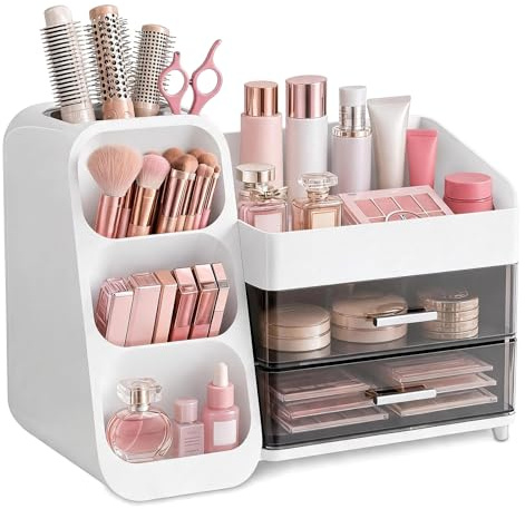 Euablfo Make Up Organizer per Cosmetici, Grande Organizer per Trucco con 2 Cassetti, Contenitore 3 in 1 per Toletta, Bagno, Camera da Letto (Bianco)