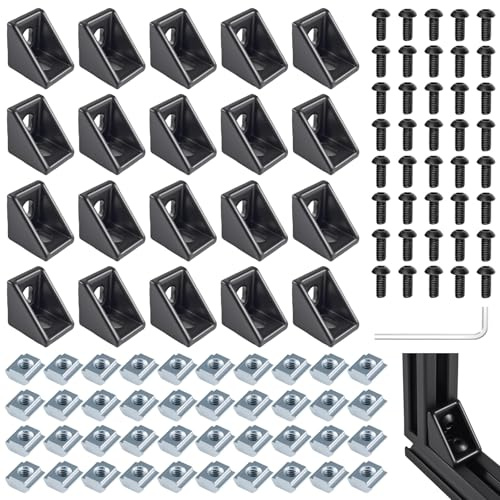 TTYSHIP® 20 Pièces Profilé Équerre Aluminium, Équerre Profilé Aluminium 20x20 avec Écrous Vis pour 2020 Série Alu Extrusion Profil (Noir)