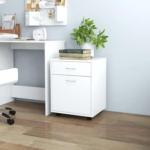 XHNIFBN Armoire de rangement à roulettes blanche 45 x 38 x 54 cm en bois - Design moderne - Avec 1 porte, 1 tiroir, 4 roulettes (2 verrouillables) - Solution de classement sûre pour bureau, cuisine