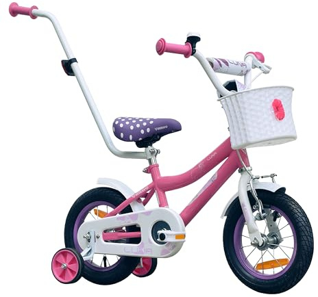 MIRAVO Kinderfahrrad Fahrrad Kinder Mit Schubstange V-Brake Bremsen Rückstrahl Aufkleber 12 14 16 20 Zoll Radgröße Korb Für Mädchen Luna Pink