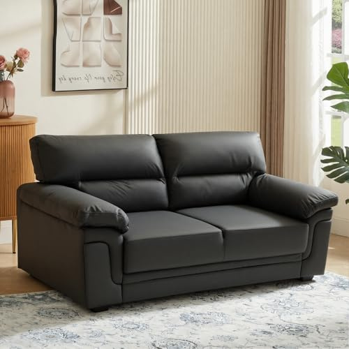 Panana Faux Leather Sofa, Pillow Arms, Cushion Back, 2 Seater or 3 Seater, Black or Beige (Black Color, 3 Seater)