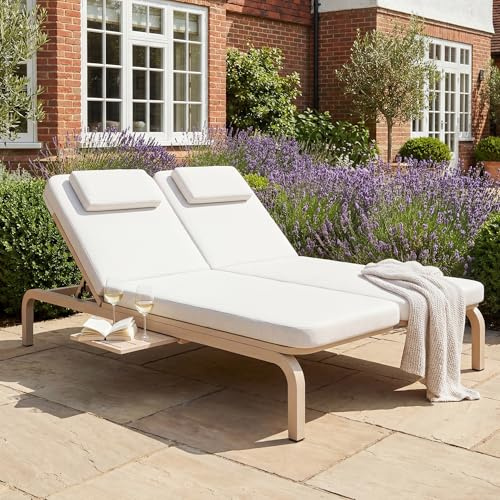 Httcg Sonnenliege 2 Personen, Gartenliege Liegestuhl Garten mit Verstellbare Rückenlehne (5-stufig), Relaxsessel Garten Sofabett Balkonmöbel Terrassenmöbel mit Ausziehtisch, Gartenmöbel, Beige