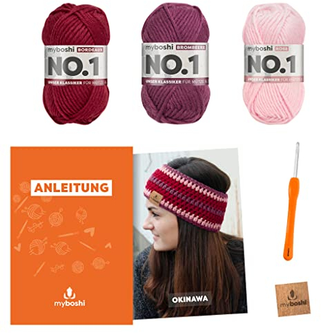 myboshi Häkelset Stirnband Okinawa, inkl. No.1 Wolle, Nadel und Anleitung, für Mützen und Strinbänder, Häkelpaket, 30% Merinowolle Blau mit Rundstricknadel