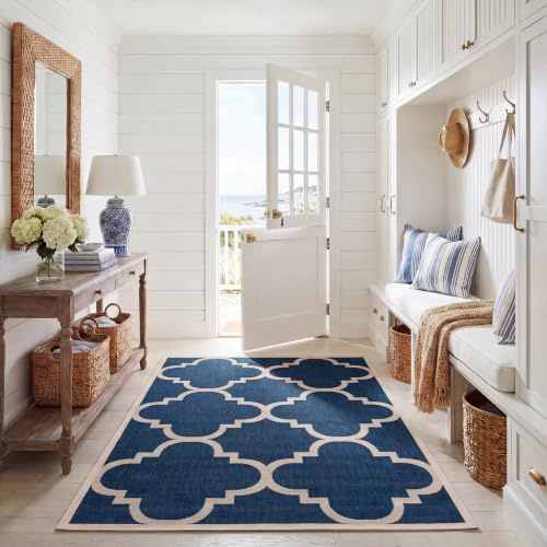 SAFAVIEH Washable Rug Outdoor Courtyard Collection - 6'7 x 9'6, Navy & Beige, Non-Shedding & Easy Cleaning, Ideal for Patio, Backyard, Mudroom (CY6243-268)