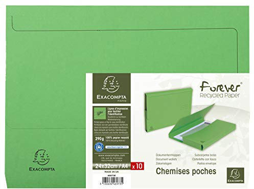 Exacompta - Ref 46973E - Forever Collection - Document Wallets (Pack of 10) - 240 x 320mm in Size, Suitable for A4 Documents, 290gsm Premium Pressboard - Green