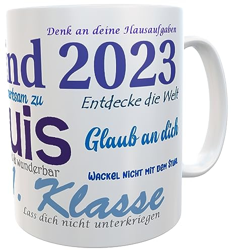 Kinderlampenland Namens-Tasse Schulkind 2023 zur Einschulung Jungen Sprüche blau inkl. Geschenkverpackung