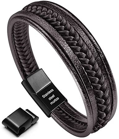 murtoo Bracelet for Man Cowhide Genuine Leather Women Unisex Cuff Wrap Bracelet Brown Black Multi-Layer Magnetic Clasp Rope Wristband (Brown, 8.7'')