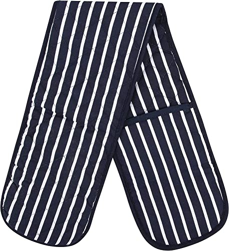 Molly Malou 100% Cotton Double Oven Gloves Butcher Quilted Stripe Pot Holder Heat Resistant Mitt - Navy