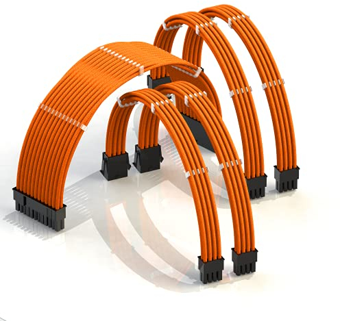 LINKUP - AVA 50cm PSU Kabelverlängerung Ummantelt GPU Nach Maß PC Stromversorgung mit Kamm-Kit | 1x 24 P (20+4) | 2X 8 P (4+4) CPU | 2X 8 P (6+2) GPU Set | 500mm - Orange