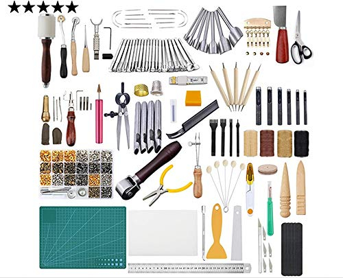 LAEMALLS 366 Stück Lederbearbeitungs-Set, Leder Werkzeug Leder Bearbeitungs Hand Nähen Tool Kit, DIY Werkzeug fur Leder Schneiden Schnitzen Nähen Stanzen Lochen Ideal Leather Craft Tools#1