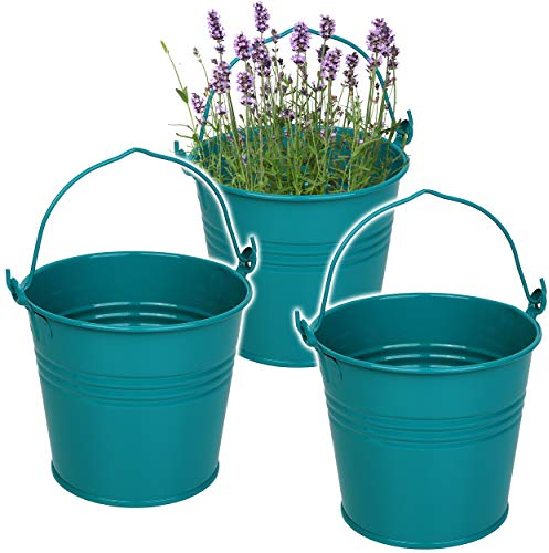 3 Stück kleine - Metalleimer/Blumentöpfe - türkis blau/Mint - 15 cm hoch - 2 Liter - Metall rostfrei - Blech Eimer - rund - mit 3-D Effekt Rillen Prägun..