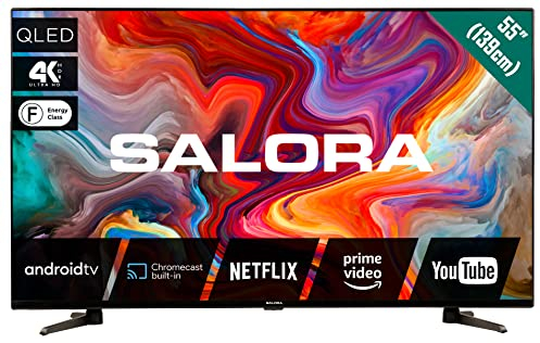 SALORA 55QLEDTV – Smart TV da 55 Pollici con Android, Schermo QLED 4K Ultra HD, HDR10, Dolby Audio, Wi-Fi, Bluetooth, 3x HDMI, Chromecast Integrato – Classe Energetica F, Colore Nero
