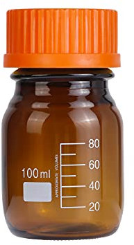 Moonetto 20 Pack Amber Borosilicate Glass 100 mL Graduated Round Lab Reagent Media/Storage Bottle With GL45 Orange Screw Cap